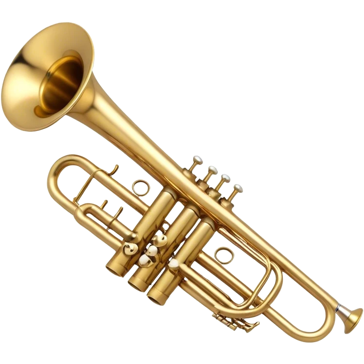 Create a sleek and professional emoji representing a Stomvi trumpet. The design should showcase the shiny, polished brass body of the trumpet with its distinct bell, valves, and tuning slides. Highlight the intricate keywork and the valve pistons, with detailed metallic accents and subtle reflections on the surface. The mouthpiece should be visible at the top of the instrument. Use golden and brass tones with light reflections to emphasize the smooth, high-quality finish. Add a few musical notes floating around the trumpet to evoke its bright and resonant sound. The background should be transparent. emoji