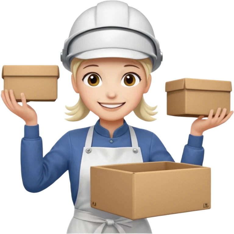 Tengo que dar una capacitacion de orgonomia, necesito un emoji de un operario con casco blanco y delantal blanco de manga larga que levante una caja cerrada con las dos manos a la altura de los hombros emoji