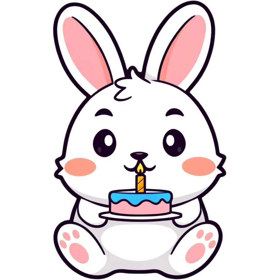 rabbit blowing out birthday cake candles, cartoonish sticker style emoji