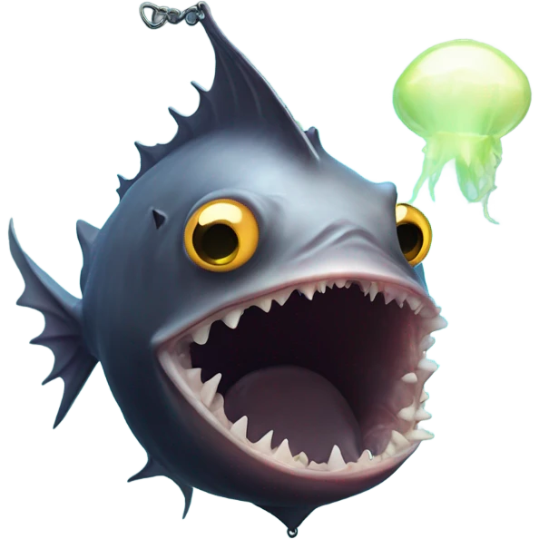 Anglerfish with a glowing lure hanging from its forehead, sharp teeth, and big eyes. emoji