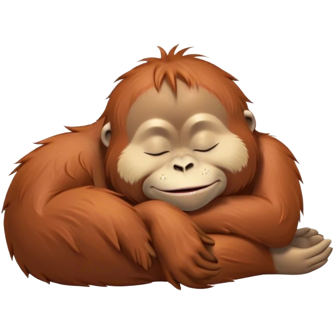 Meme-Worthy cute Sleeping Orangutan Portrait Emoji, Head resting peacefully with a contented smile, showcasing luxuriously soft fur and eyes gently closed in serene slumber, Simplified yet comically adorable features, highly detailed, glowing with a soft, drowsy jungle light, high shine, relaxed and utterly lovable, stylized with an air of playful laziness, bright and heartwarming, soft glowing outline, capturing the essence of a sleeping orangutan that feels destined to become the next viral icon of adorable rest! emoji