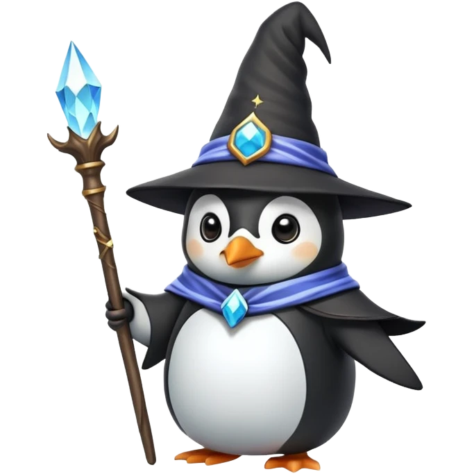 cute penguin wizard with a magical staff and a pointy hat emoji