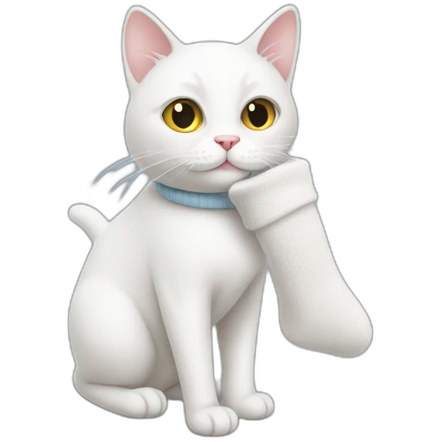 White cat carrying a sock on his mouth emoji