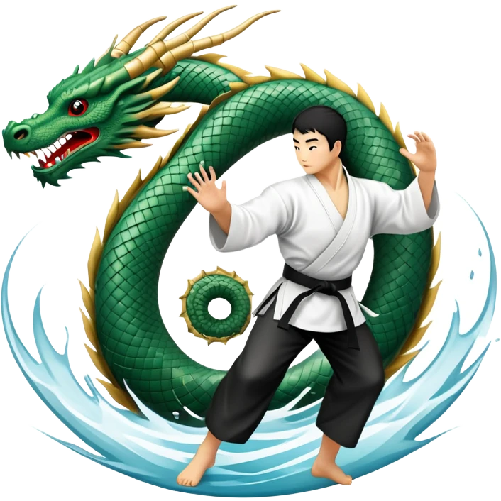 An icon symbolizing Eastern martial arts in the style of an emblem, featuring a black-and-white Yin-Yang symbol and a dragon at the center. A martial artist is performing a fluid kick, surrounded by elements like a dojo and bamboo. Transparent background highlights balance and power. emoji