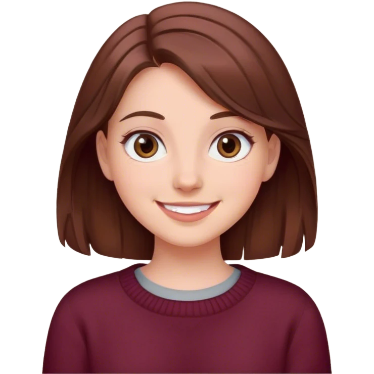 A girl with brown hair smiles, gray eyes, wearing a burgundy sweater emoji