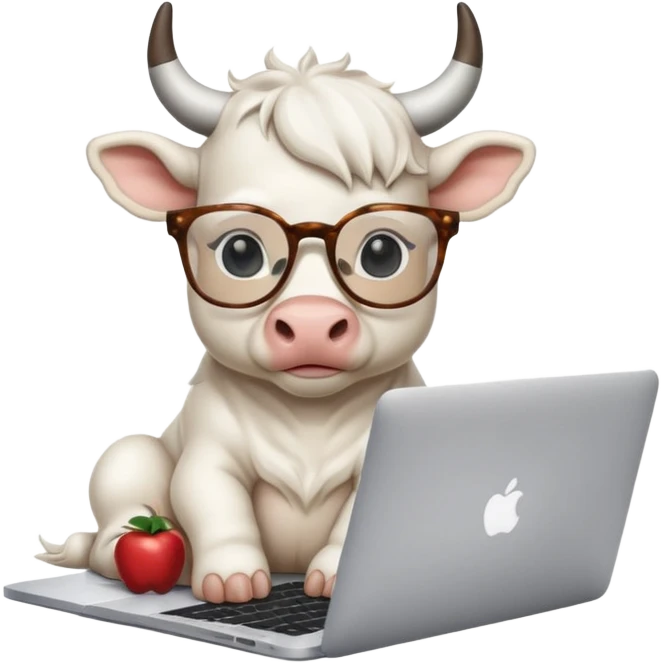 baby white bull in fancy glasses sitting in front of a macbook, working  emoji