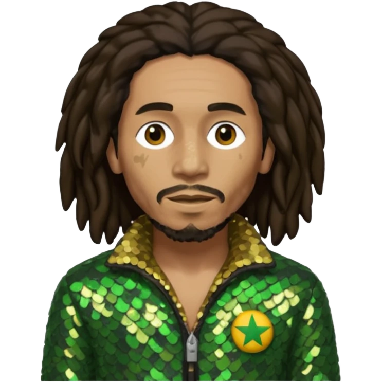 Bob Marley with long dark brown hair, olive sequin outfit emoji