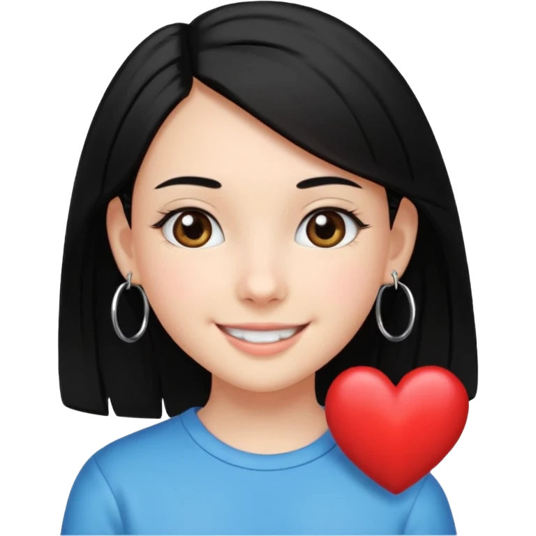 a young 8th grade school girl, with fair skin, heart shape face, has medium length straight black hair and with hoops earrings. emoji