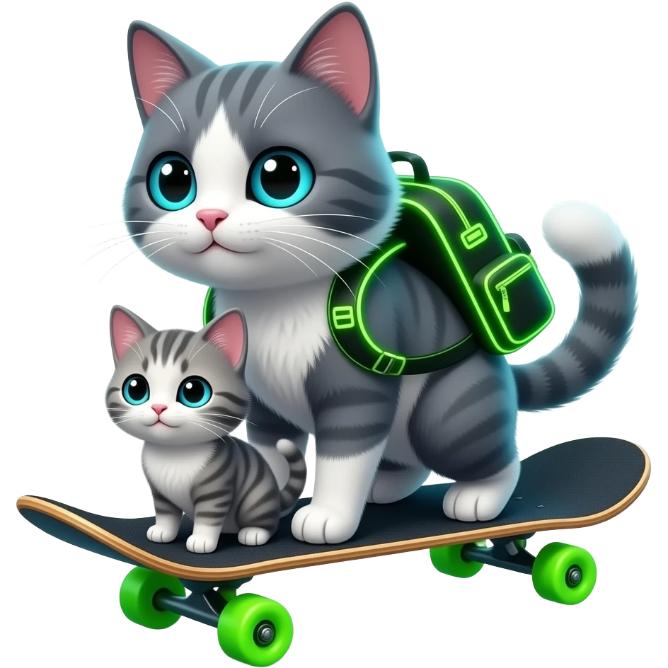 A neon-lit cyberpunk adorable grey and white fluffy cat and it's baby kitten riding a floating black and neon glowing skateboard, wearing a bold bright neon backpack through a rain-cinematic lighting, 8K emoji