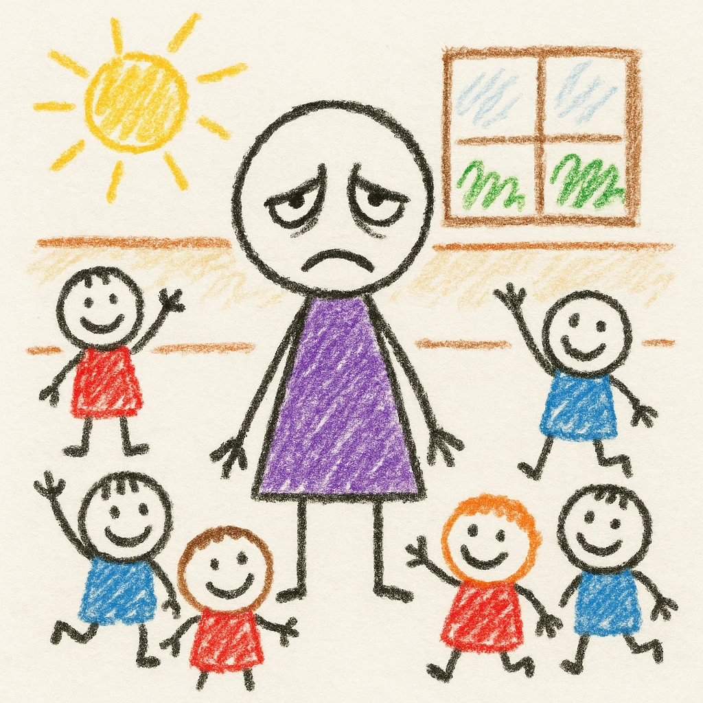 exhausted teacher in a bustling classroom emoji
