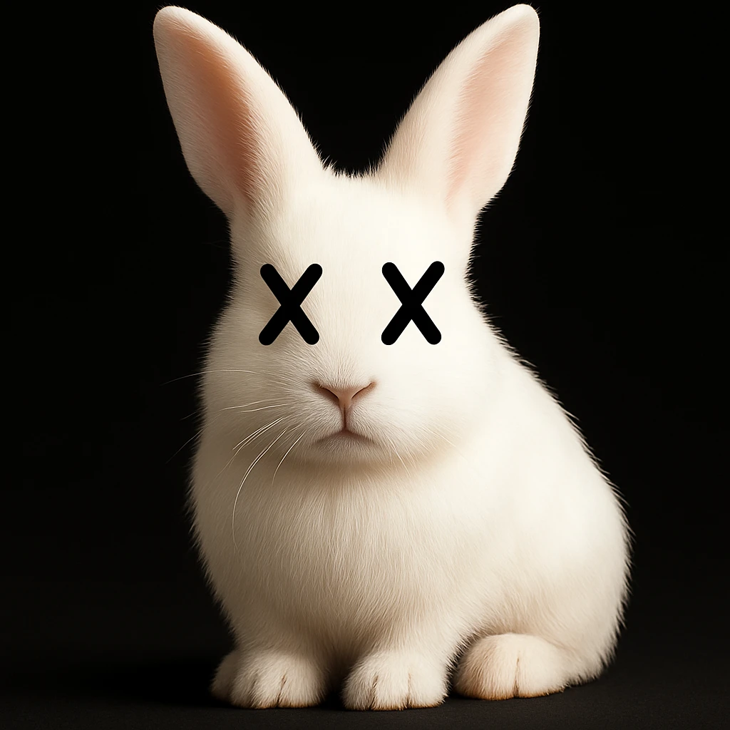 Overlay cartoon X's on the eyes of the rabbit, keep everything else 100% identical—pose, style, lighting, and background. Maintain the original style and look exactly as in the reference image. emoji