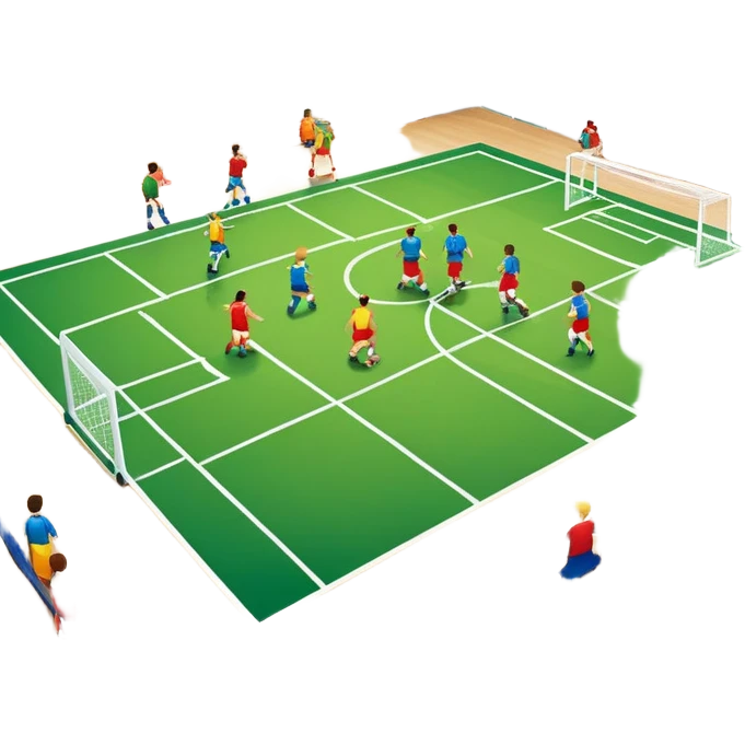 A mini-football match in an indoor sports hall with wooden flooring and clear field markings. The scene shows a vibrant game in action, with players positioned on the court, the goalposts visible, and the atmosphere filled with energy and focus. emoji