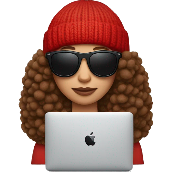 brown hair with sunglasses and a red beanie with a pom-pom, has AirPods in and is on a Mac laptop emoji