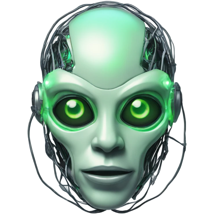 Alien cyborg head with glowing wires and green eyes  emoji