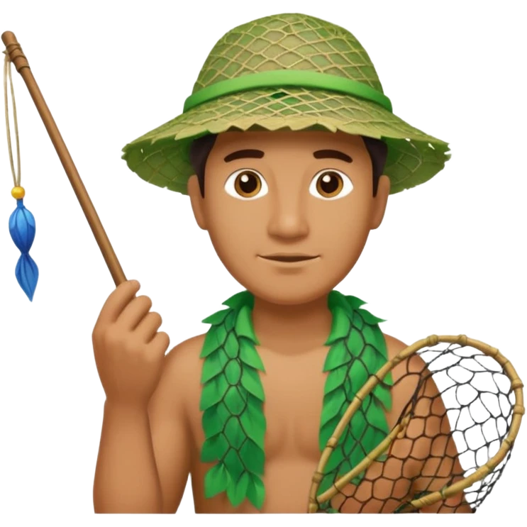 Hawaiian man with leaf hat and big fishing net and colorful cloth emoji