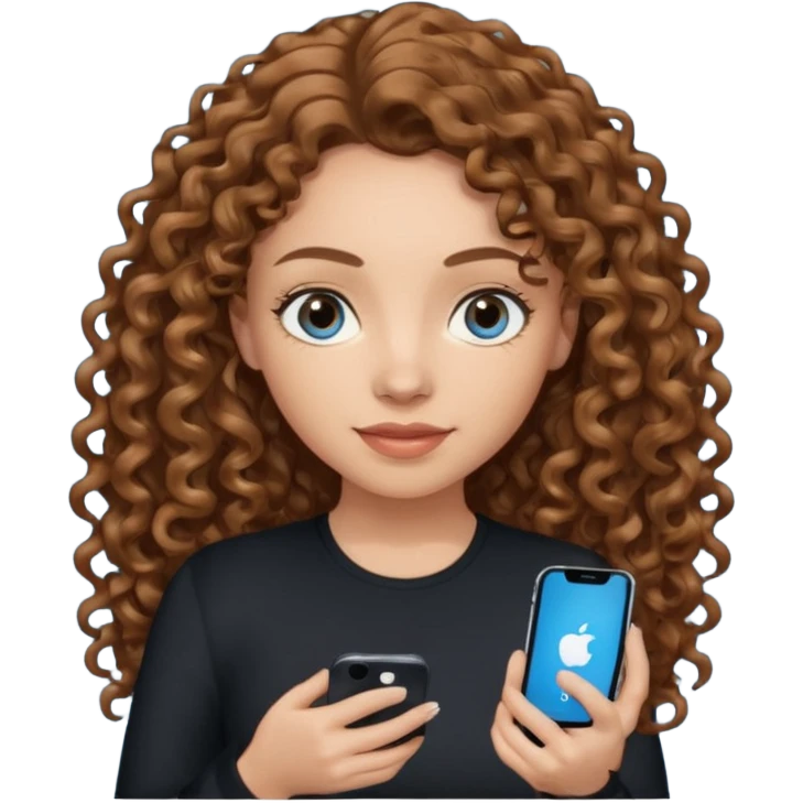 generate a pretty woman with blue eyes, light skin and medium brown long curly shiny hair holding an iphone she is looking at the phone and holding it in her hand. she is wearing an ALL black long sleeve emoji