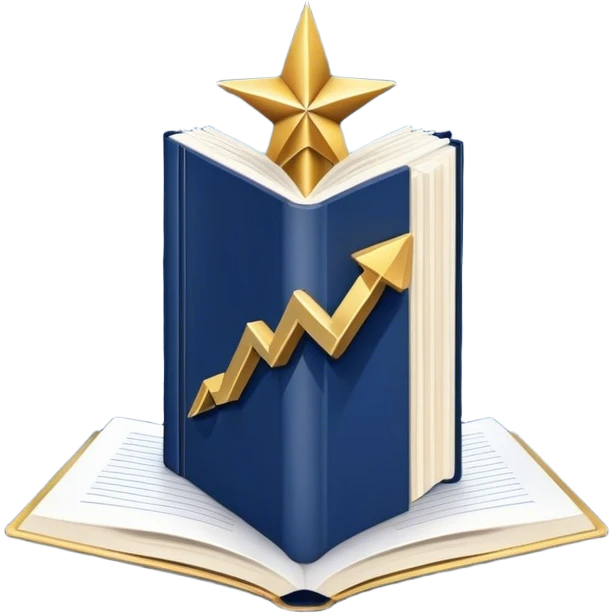 A navy blue productivity book with gold details, chart with upward trend aura, radiating productivity, strategy, and success in motion- emoji