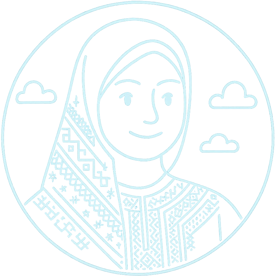 Add more prominent Algerian traditional patterns and motifs in a tech-inspired, minimalist style. Keep the avatar friendly and inside the glowing circular frame. Maintain a transparent background. The style should be tech-inspired minimalist with clear Algerian traditional patterns. emoji