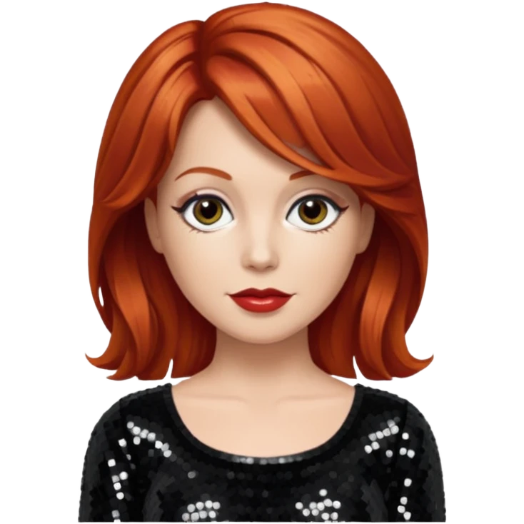 Lee Purcell with medium red hair,  black sequin outfit  emoji
