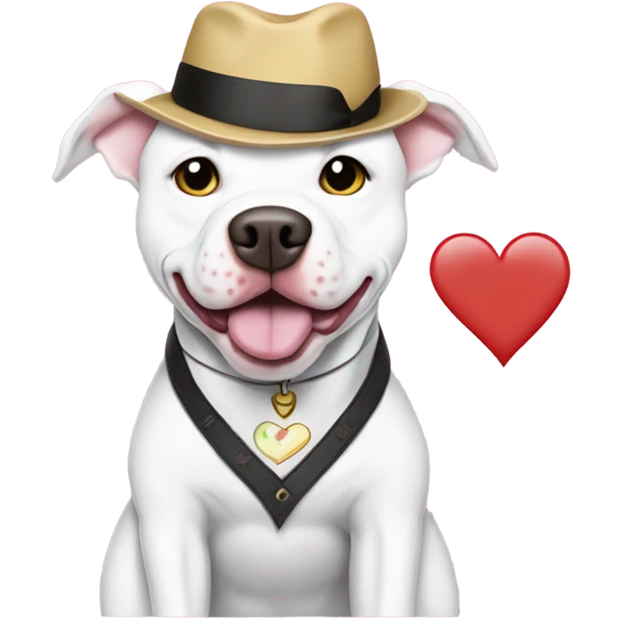 White pitbull with a shirt that says I heart gays emoji
