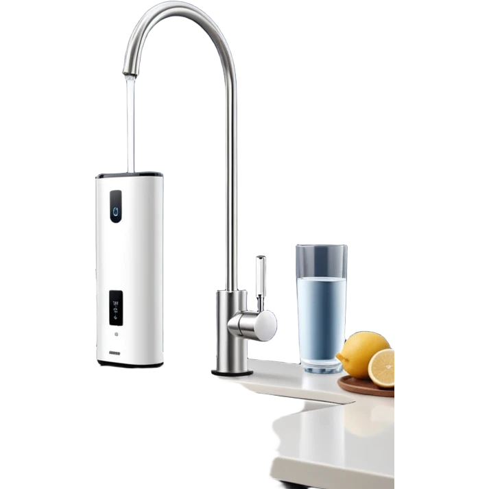“A slim countertop direct-flow water purifier without water tank, minimal white design with a single faucet, standing on a kitchen counter, soft lighting, modern style” emoji