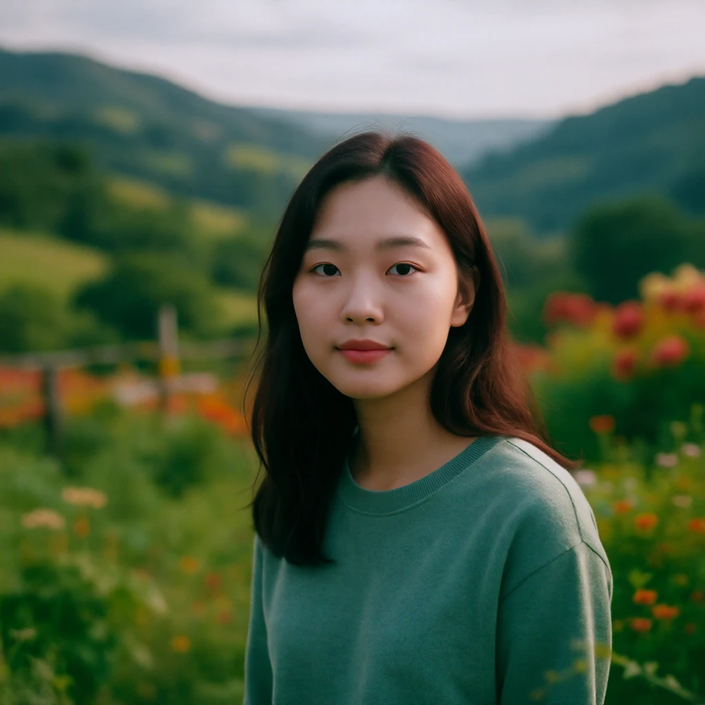 A portrait of a person in the foreground, blurred plants in the foreground, a wooden fence and colorfull flowers in the midground, rolling hills in the background, cinematic depth of field, layered composition, natural lighting emoji