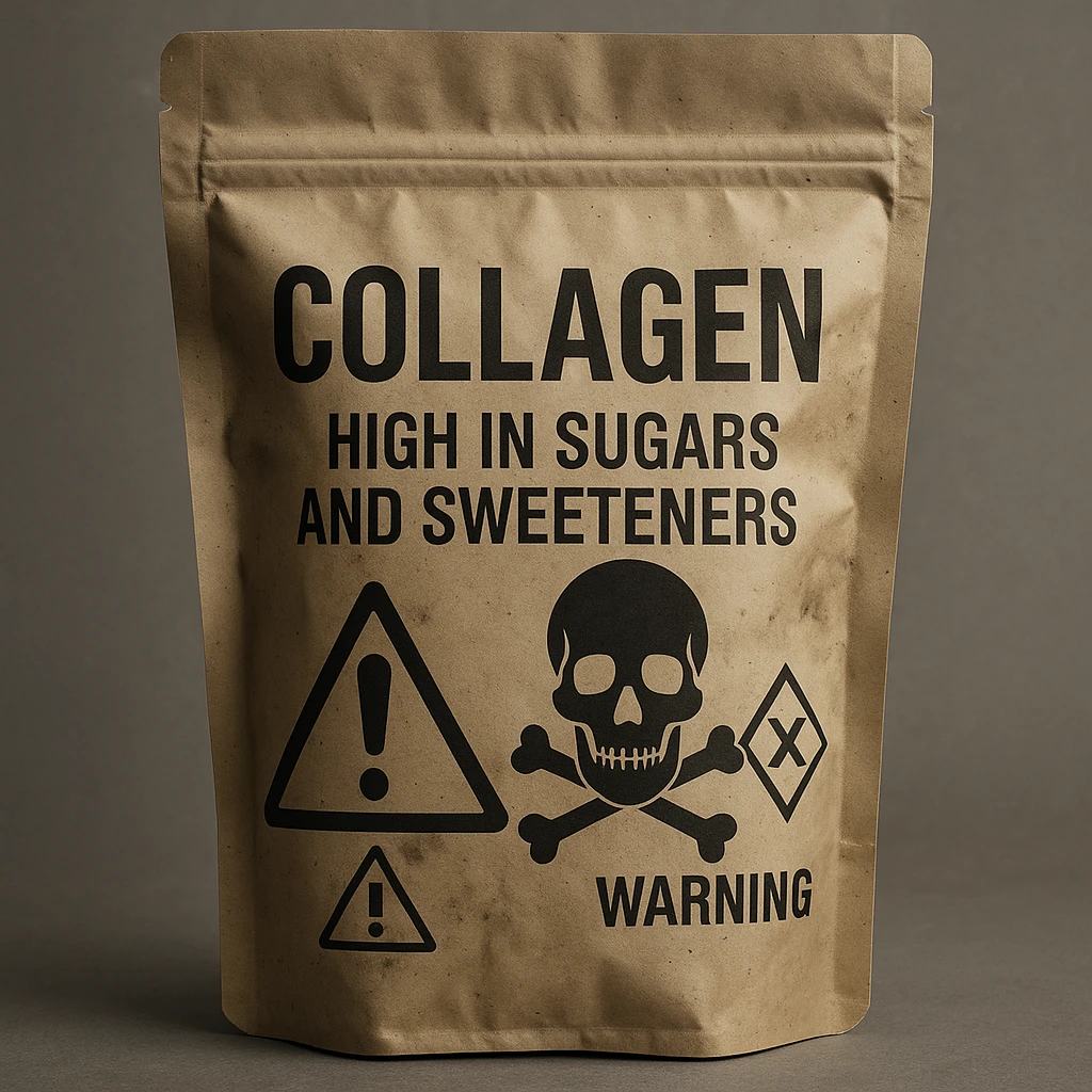 realistic collagen supplement package labeled as high in sugars and sweeteners, negative atmosphere, details suggesting danger or poison, warning symbols, neutral background emoji