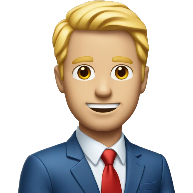 White guy with blond hair and orangish skin wearing a blue suit and red tie. One of his ears has ketchup on it emoji