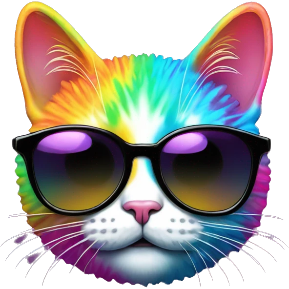 Psychedelic trippy tie die cartoon kawaii cat wearing black sunglasses  emoji