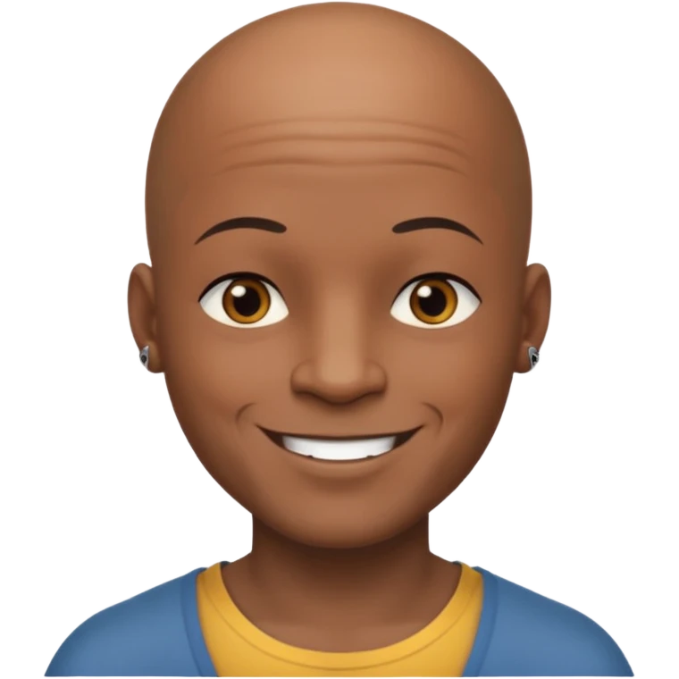 This is a cartoon-style avatar of a bald man with dark skin, golden-brown eyes, and several tattoos on his face, smiling with a lightly smile expression. emoji