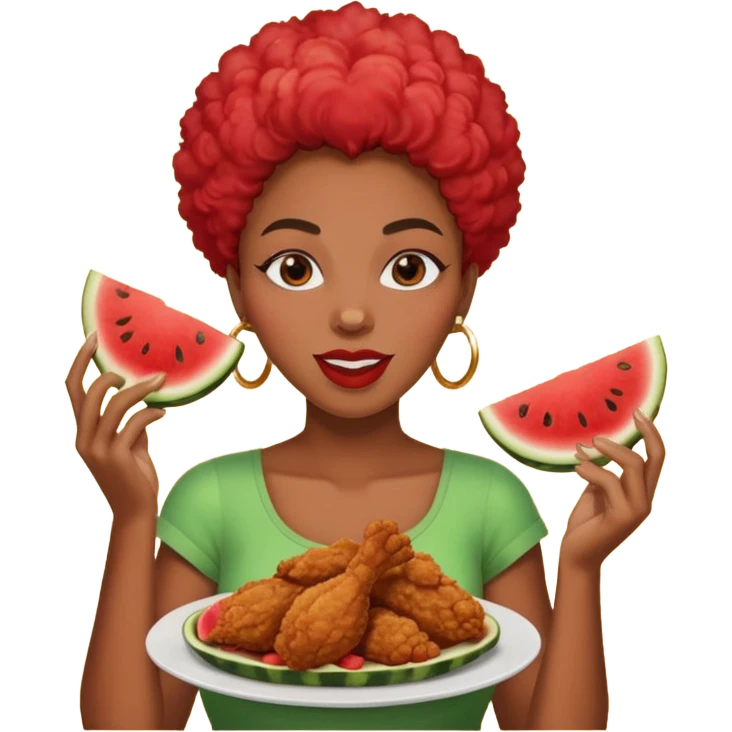 A black woman eating fried chicken and watermelon emoji