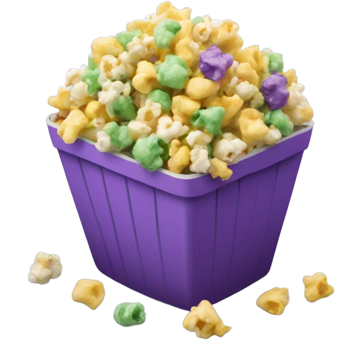 Realistic pieces of purple yellow and green popcorn pieces mixed together in a popcorn container.  emoji