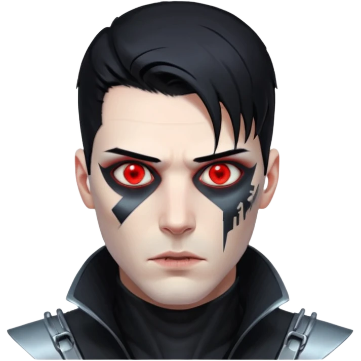 Cyberpunk man, slicked hair, silver metal jaw prosthetic, glowing red eyes, cold expression, clinical lighting emoji