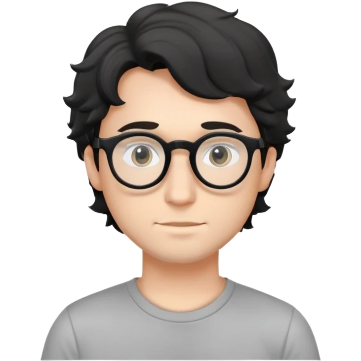 Young caucasian man with black wavy hair, round glasses, simple grey t-shirt emoji