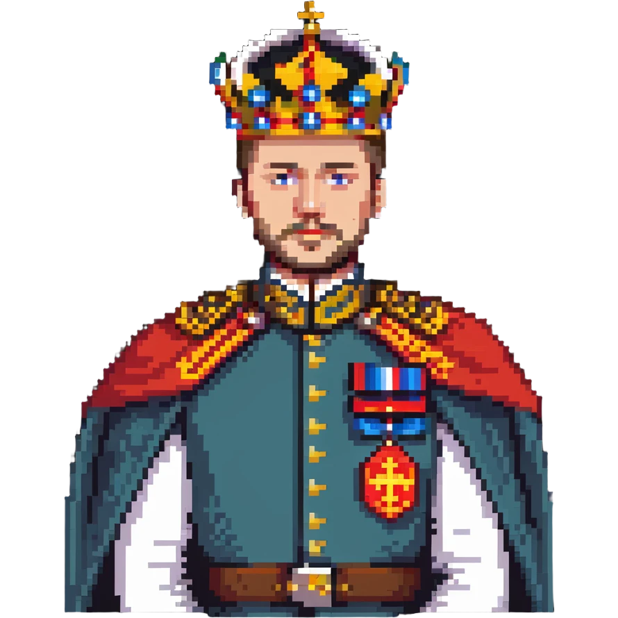 Russian Tsar with elaborate crown, decorated military uniform with medals, royal cape emoji