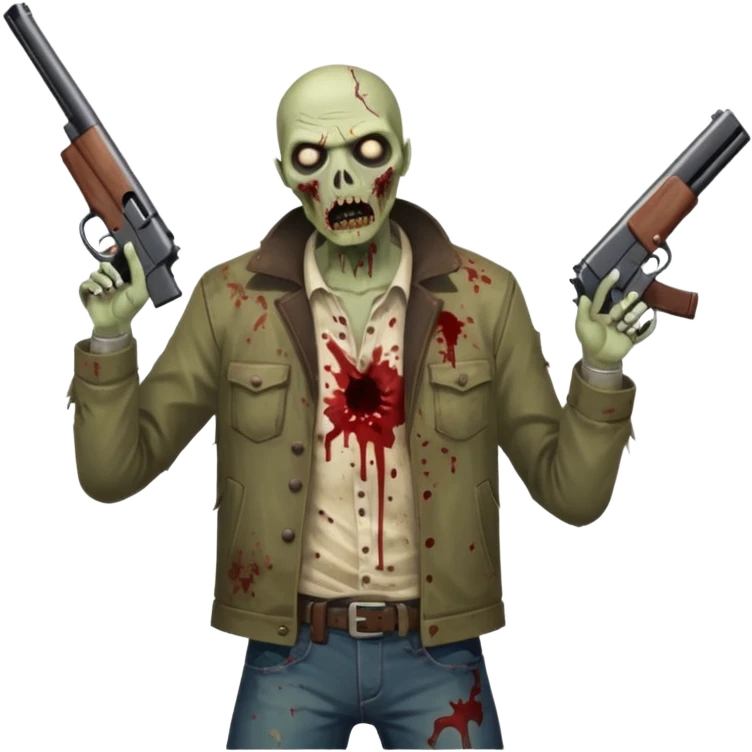 Man in foreground firing shotgun, zombie approaching from front, blood splatter, dark horror, no background












 emoji