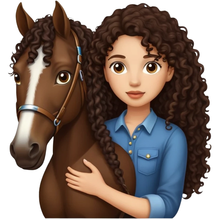 girl with light skin with dark brown curly long hair holding horse emoji