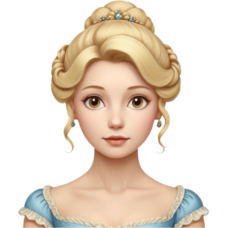 Cinematic Realistic Rococo Portrait, depicted with lifelike skin texture, subtle rosy undertones, and soft natural lighting that enhances the gentle contours of her face. Her intricately detailed golden blonde hair is elegantly styled in an updo, emoji