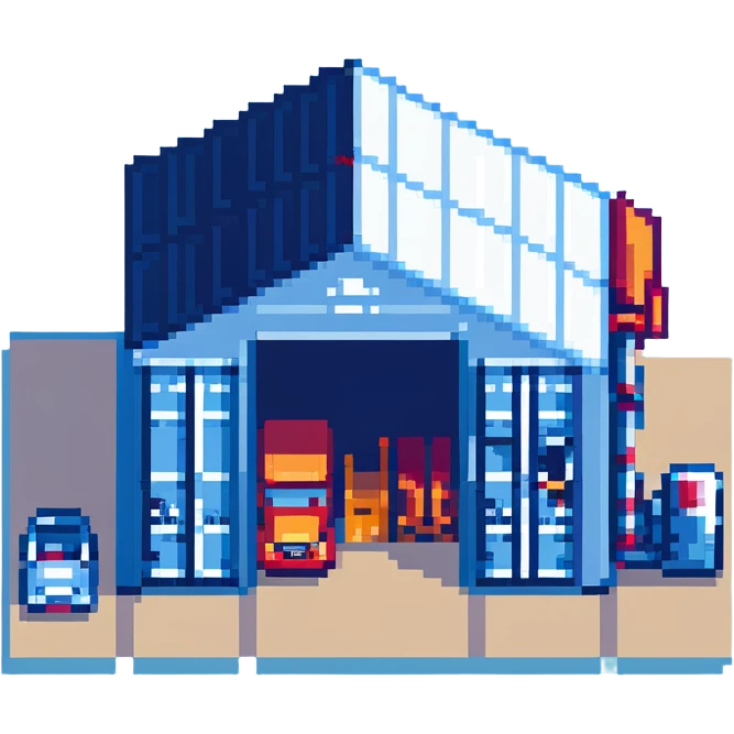 isometric warehouse building with loading dock, shipping containers, and forklift emoji