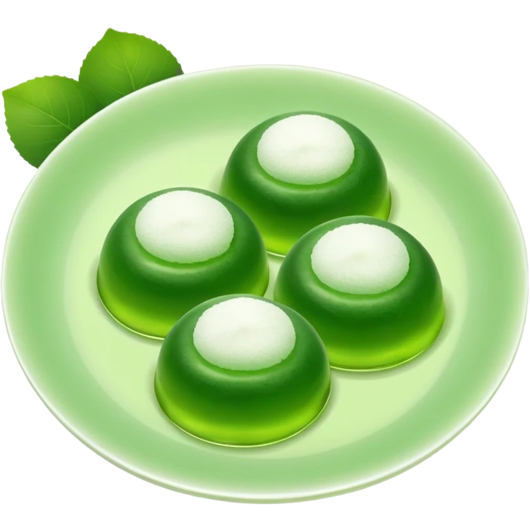 four green spherical warabi mochi on the plate emoji