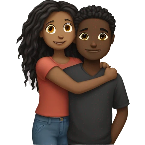 Brown girl with wavy hair hugging black boy who has dreads  emoji