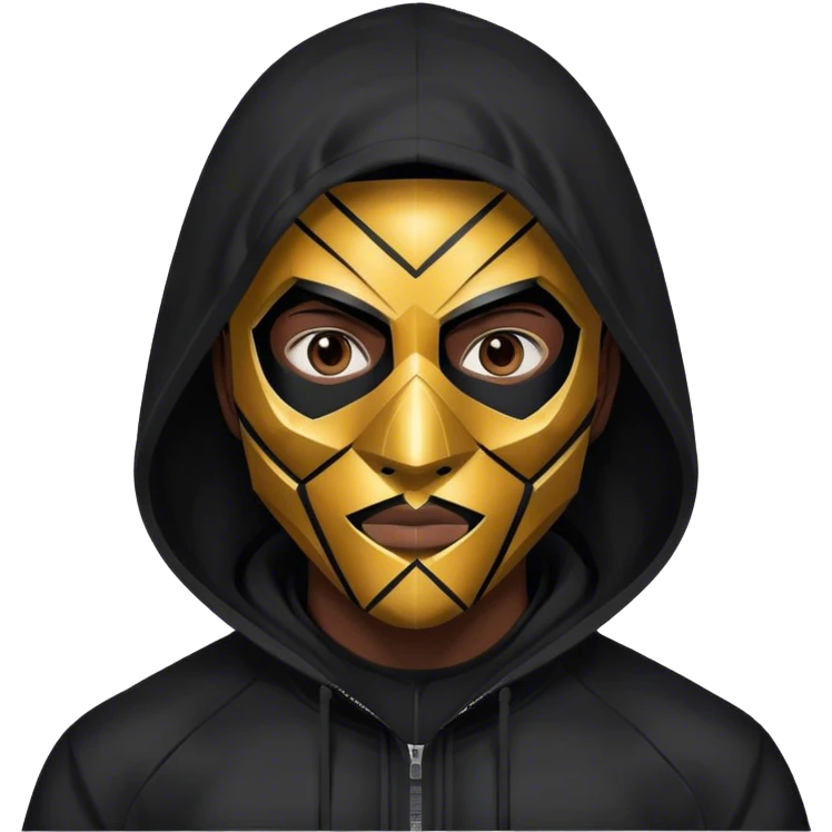 man with black hooded jacket and a full-black full-face geometric mask emoji