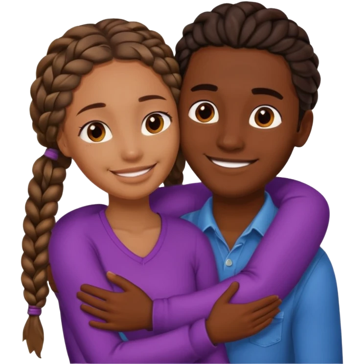 dark skin girlfriend with braids hugs brown skin boyfriend with long hair  emoji