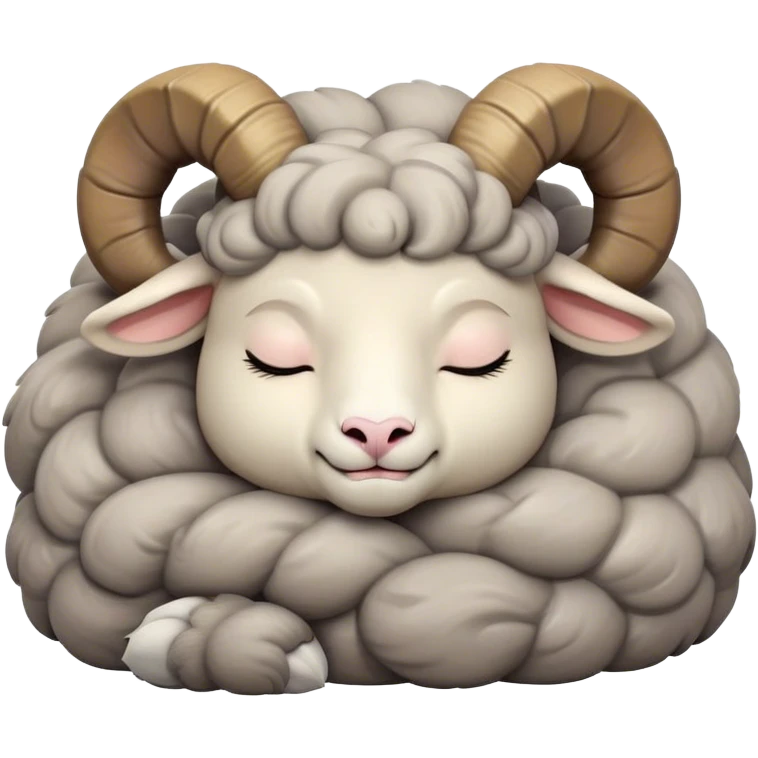 Meme-Worthy Cute Sleeping Ram Portrait Emoji, Head resting peacefully with a contented smile, showcasing a robust build and a luxuriously soft woolly grey fur with gently curled horns, eyes shut in a serene, restful nap, Simplified yet hilariously adorable features, highly detailed, glowing with a soft, drowsy light, high shine, relaxed and utterly lovable, stylized with an air of playful laziness, bright and heartwarming, soft glowing outline, capturing the essence of a comically sleepy ram, so meme-worthy it feels like it could instantly become the next viral sensation of adorable slumber! emoji
