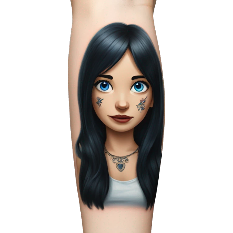 Hyperrealistic girl with blue eyes and black hair arm tattoos emoji