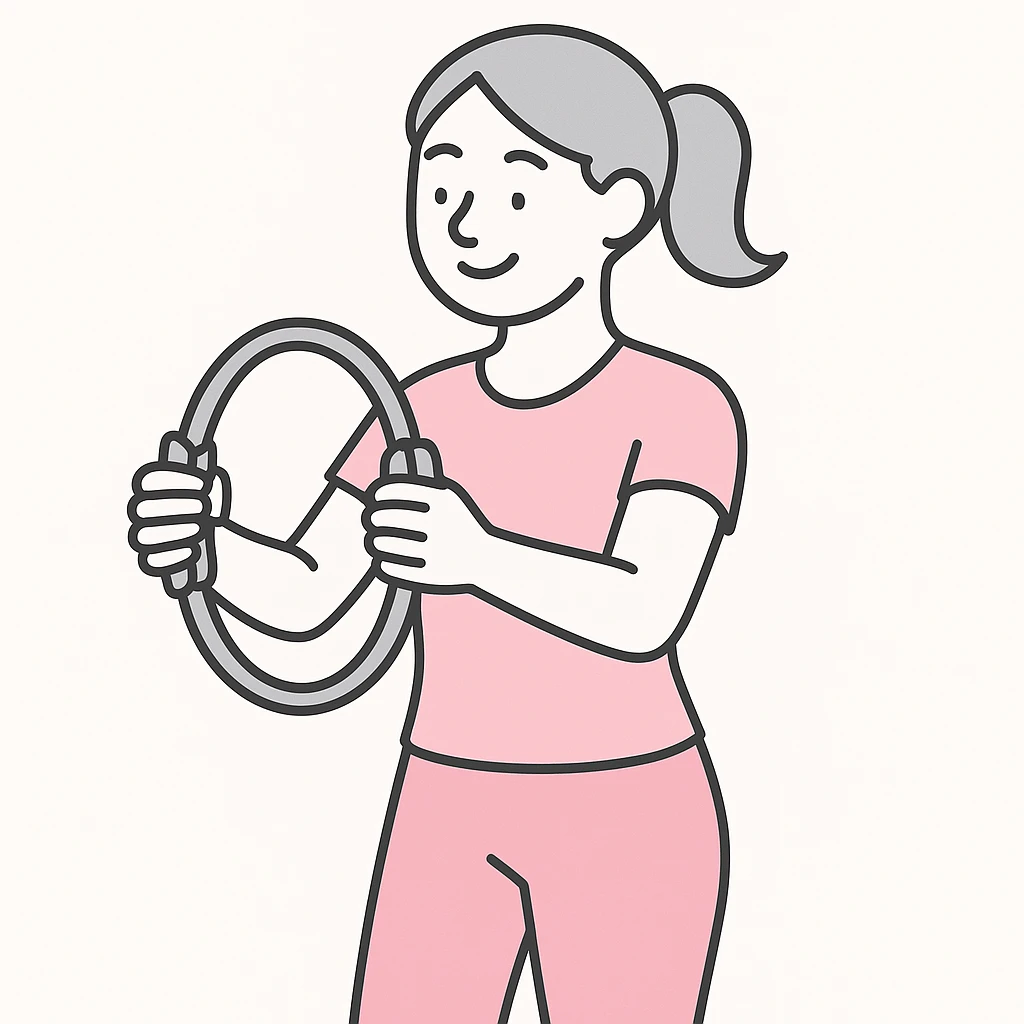 a pink pilates girl, cartoon style, smiling, holding a pilates ring, vibrant pink outfit emoji