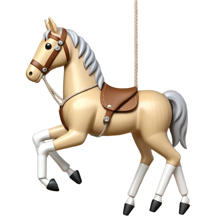3D render of Horse Puppet as a wooden marionette puppet, Wooden toy horse on strings, silver metal screw joints at elbows and knees, polished brown wood texture, rigid toy pose, emoji style, isolated on white background --v 6.0. emoji
