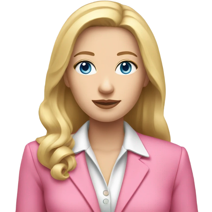 White woman with long blonde hair and blue eyes in pink pantsuit emoji