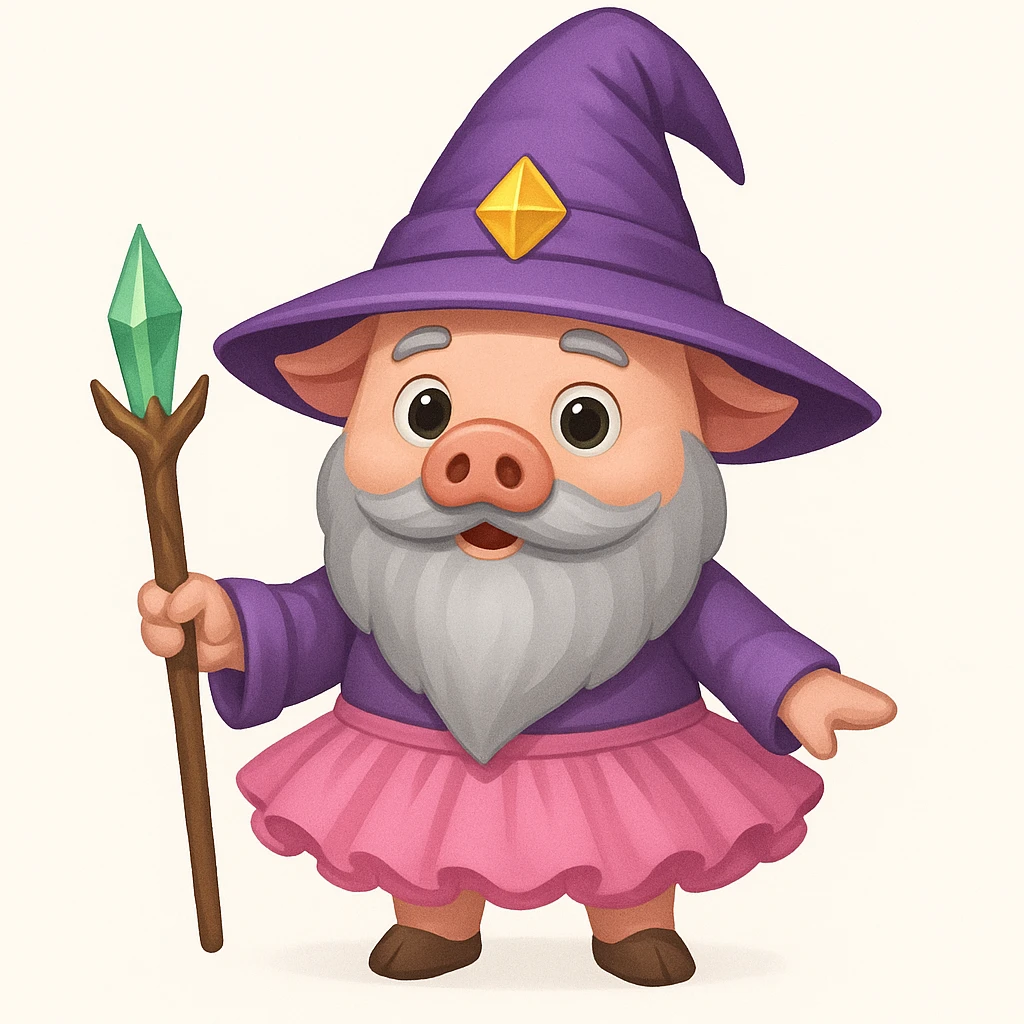 Add a pink tutu to the pig wizard character. The original style is emoji style, but since emoji style does not support editing, please create the edit in a style that respects the emoji look and feel, focusing on a concise and clear representation of the pig wizard wearing a pink tutu. emoji