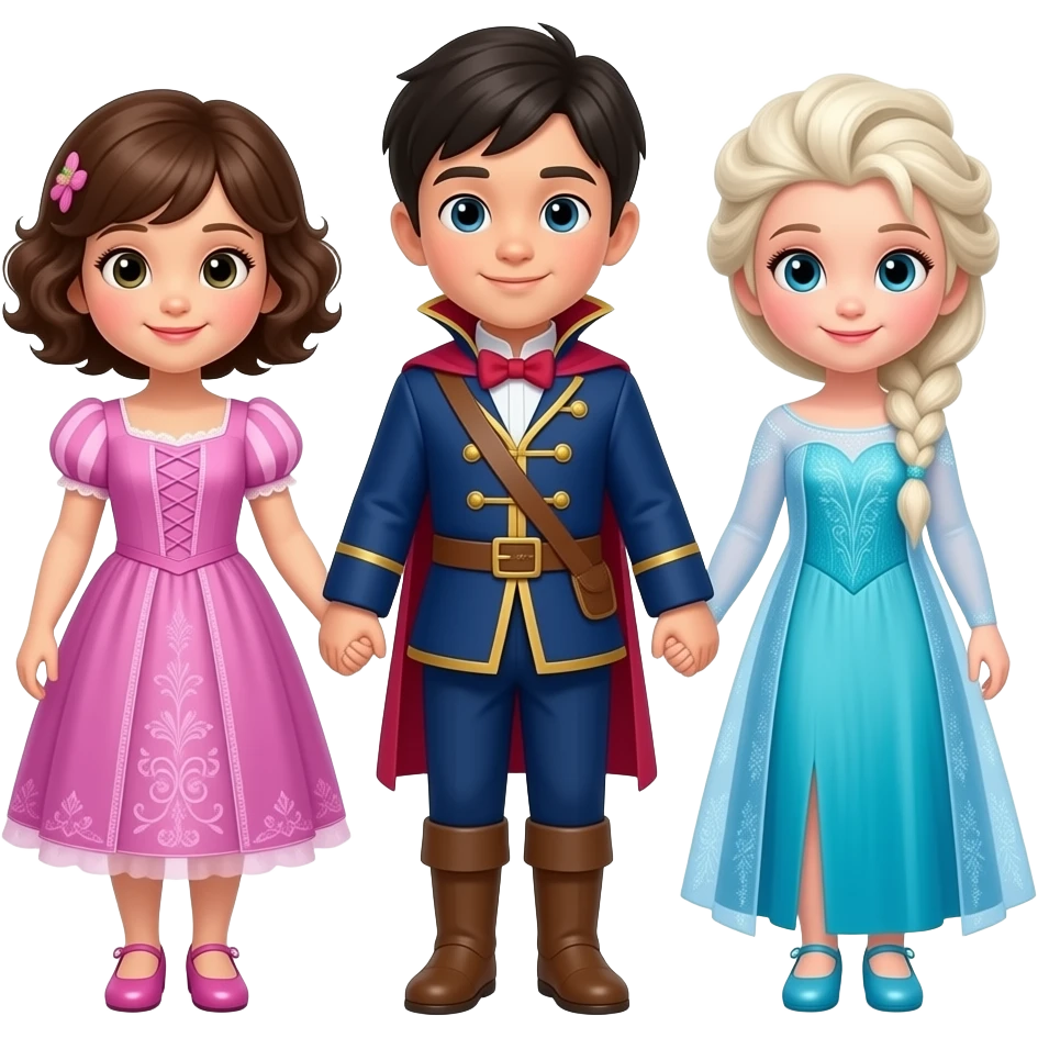 52개월 한국인 세쌍둥이 이모지를 만들어줘. 여아, 남아, 여아 순으로 배치해주고, 서로 손을 잡고 있게해줘. 아이들은 모두 한국인이야. 여자아이들은 공주 드레스를 입었어. 왼쪽 첫째 여아는 파마한 단발머리(귀여운 퐁글한 곱슬머리)에 분홍색 라푼젤 드레스를 입었고, 반짝거리는 구두를 신었어.  두번째 남아는  중세 왕자가 입는 남색 멋진 정장을 입고 있어. 마지막 오른쪽 여아는 엘사드레스를 입고, 엘사처럼 머리를 했어. 엘사구두를 신고. 귀엽고 사랑스럽게 만들어줘. emoji